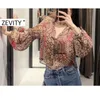 Zevity Kvinnor Vintage Paisley Flower Print Casual Smock Chic Blouse Ladies V Neck Agaric Lace Roupas Femininas T Shirts Tops LS6988 210603