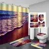 Shower Curtains 3-4 Pieces Beach Shell Sea Wave Curtain Free Hook Waterproof Toilet Lid Non-slip Mat Bathroom Cover