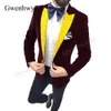 Gwenhwyfar High Quality Navy Velvet Men Suits Groom Party Tuxedo 2020 Fashion Show Stage Wear Gold Lapel Jacket Black Pants Sets X0909