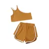 Summer Children Sets Casual Single Shoulder Solid Tops White Line Shorts 2Pcs Girls Swimming Suit Clothes 18M-6T 210629