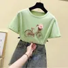 Beading T Shirt Women Clothes New Fashion Summer Tops Short Sleeve Tshirt Woman TShirt Korean Style Tee Shirt Femme Green T200614