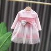 Jumping Meters Spring Cute Bowknot Long Sleeve Girls Dress Clothes Round neck Net-yarn Children Cotton Casual Dresses 1-4years G1215