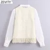 Zevity женская мода прозрачная органза лоскутное одеяла Tweed шерстяная Smock Blouse Office Lady Chic Tassel рубашка Фемининас Tops LS9009 210603