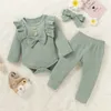 3Pcs Herbst Winter Baby Kleidung Sets 2021 Nette Mädchen Rüschen Rippen Lange Ärmel Romper + Elastische Taille Hosen + stirnband Kleinkind Anzug