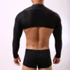 Homem camiseta Preto Faux Leather Malha Homens Engraçado colheita Tops / Gay Sexy Nylon Spandex Sleeves Longa Camisas 210317
