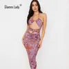 Glam Lady Digital Print Sexig Party Midi Dres Backless Bodycon Sommar Elegant Club Robe Casual Fashion 210623