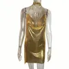 GACVGA Sexy Diamant Halter Métal Robes De Soirée Or Argent Robe D'été Vesitos Dos Nu Paillettes Femmes Robe Moulante X0521