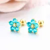 Cute Star Flower Set Round CZ Stones Screw Back Stud Earrings For Women Baby Kids Girls Gold Color Piercing Jewelry Oorbellen