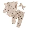 Set di abbigliamento Stampa a cuore Completi per neonate Toddler Born Kids Manica lunga Ruffle Pagliaccetto + Pantaloni + Fasce Set di vestiti Vetement Bebes Fille