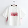 Счастливые симпатичные женщины мультфильм вышивка хлопчатобумажные футболки с коротким рукавом O-шеи повседневная базовая футболка для Femme летние топы Tees 210302