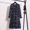 11 Style Piękna moda Summer Sukienka z długim rękawem Retro Flar Sukienki z wysokiej talii Kwiatowy nadruk Szyfonowy odzież 210325