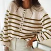 Höst Vinter Kvinnor Casual Långärmad Striped Patchwork Jumpers Dam Loose Stickade Tröjor Fashion Zip V-Neck Tops Pullover 211109