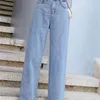 Ljusblå denim byxor vintage bredben byxor kvinnor koreanska rakt lång hög midja casual lös med bältesfjäder 210608