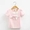 Girls Clothes Summer Pure Cotton Yellow Pink Solid Color Patchwork Elephant Decoration Short Sleeve O-Neck T-Shirt For Girl 210701