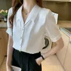 Summer Korean Fashion Satin Women Shirts Turn-down Collar Office Lady Button Up Blouse Plus Size XXXL White 210531