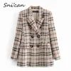 Snican British Style Women Plaid Tweed Jacket Coat With Pockets Fashion Office Ladies Double Breasted Tops Casual Outwear Za 211104