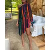 New Fashion Vintage Women Loose Dress Stand neck One Shoulder Figure Print Irregular Ruffle Dress Ladies Vestido 210222