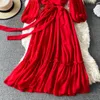 Vestido largo rojo Vintage para mujer, vacaciones, playa, farol, manga larga, cintura alta, Vestidos ajustados, bata de fiesta para mujer, primavera otoño 2021 Y0603