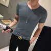 Yaz T Gömlek Erkekler Seksi Hollow Kısa Kollu V Yaka T-shirt Gece Kulübü Parti Streetwear Slim Fit Rahat Tişört Camiseta Masculina 210527