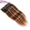 Destaque o clipe loiro de mel em extensões Panio cor 4/27 cabelos humanos retos clipe virgem brasileiro no ombre weaves 8pcs 120g/conjunto para mulheres negras