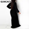 Women Long Sleeve Plunge Neck Maxi Dress Formal Elegant Slit Evening Mermaid Dresses 210702