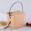 100PC Kraft Paper Carton Lunch Snack Furit Salad Box Engång Snabbmat Pasta Takeaway Förpackning Box med svart plasthandtag