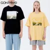 Gonthwid Tişörtleri Streetwear Harajuku Daisy Boyama Patchwork Kısa Kollu Tees Gömlek Hip Hop Moda Yaz Rahat Pamuk Tops C0315