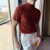 Yarım Yüksek Yaka Örme T-shirt Kore Ince T Gömlek Erkekler Bahar Streetwear Rahat Tops Tees Nefes Rahat Giysiler 210527