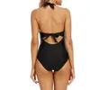 Women's V Neck One Piece Swimsuit Bathing Suit Sexy Halter Backless Swimwear Black S-XXL