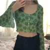 Harajuku Floral Print Green T-shirt Y2K Esthétique Boutons en maille Flare Manches Crop Tops 90s Femmes Vintage Vêtements Summer Tee Y0629