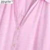 Zevity Women Simply Pink Color Oversize Shirts Female Back Pleats Sunscreen Summer Blouse Roupas Chic Button Chemise Tops LS9369 210603