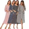 Witbuy Femmes Longues Vêtements de nuit Soft Zipper Front Robes Automne Chemise de nuit Chaud Rayé Kimono Loungewear Maternité Peignoir Pyjamas 210831