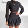 DICLOUD Elegantes aushöhlen schwarzes Dres Dot Langarm Herbst Frühling A Line Mini Partykleid Sexy Modekleidung 211221