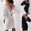 Dorywczo sukienki Sexy Backless Koronki Patchwork Dla Kobiet Jesień V-Neck Lampion Długim Rękawem Bodycon Party Sukienka Sweter 2021