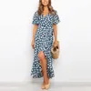 Sommar ny mode kappa dot tryckt chiffong maxi sexig v-hals klänningar ruffles boho strand stil kvinnor dr2021 x0621