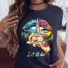 Principal de transporte casual o Pescoço de manga curta Tops calarem a boca, gesto de verão designer feminino tshirts roupas lábios padronizando mulheres