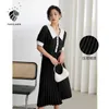 FANSILANEN Office Lady French Pleated Dress Women Summer A-Line Square Collar Long Black Woman 210607