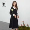Fansilanen kontor Lady Vintage Long Black Dress Women Sleeve Patchwork Elegant Blå Vår Slim Bälte Casual 210607
