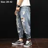 Men Summer Ripped Ankle Length Plus Size Jeans 38 40 42 Harem Holes Hip Hop Trousers Denim Scratched Loose Boys Cool Blue Pants X0621