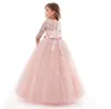 10代の少女プリンセスレースソリッドドレス子供たちの花の刺繍のドレス女の子の子供たちの子供たちのパーティーを着る赤いボールガウンは0829