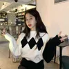 Kvinnor Pullover Argyle Pattern Loose Casual Sweater Stickad Fashion Vintage Student All-Match Koreansk stil ulzzang söt chic ny y1110