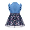 Meninas bonitos meninas vestido vestido de festa de verão crianças vestido de princesa voando sleeve denim floral malha tutu vestido crianças roupas q0716