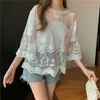 Sexy holle stiksels kant top Koreaanse mode vrouwen blouse elegante vrouwelijke kantoor shirt drie kwart blouse 13671 210528