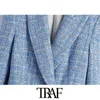 TRAF femmes mode Double boutonnage T vérifier Blazers manteau Vintage à manches longues poches vêtements de dessus pour femmes Chic Veste X0721