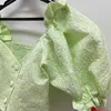 Korea Style Button Short Heavy Jacquard Pattern Green Blouse Wooden Ear Strapless Sweet Shirt Top 210529