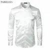 Snygg vit silke satinskjorta män kemise homme casual långärmad smal passform mens klänning skjortor affärer bröllop man skjorta 210628