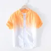 100% Saf Keten Yaz Degrade Gömlek Erkekler için Kısa Kollu Tops Erkek Rahat Standı Yaka Japon Moda Tasarımcı Gömlek 210601
