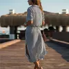 Aachoae Turn Down Collar Office Dames Streep Shirt Jurk Lange Boho Strandjurk Casual Lange Mouw Elegante Party Jurk Vestidos 210719