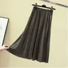 Woman Skirts Solid Color Faux Suede Leather Pleated Skirt Elastic Waist Winter Elegant Ladies Skirts 210311