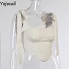 Yojoceli sexy slash neck t-shirt bandage sleeveless short tops spaghetti strap women all match tee streetwear 210609